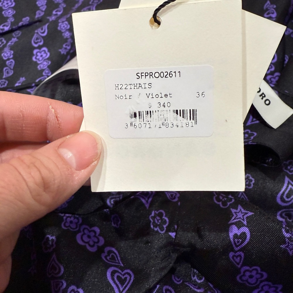 SANDRO Thais Ruched Crossback A-Line Midi Dress Noir Violet Heart Print 36 US 4 - Picture 6 of 14